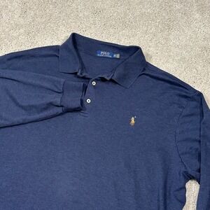 Polo Ralph Lauren Mens Long Sleeve Polo Shirt Solid Blue 2XL Flesh Pony